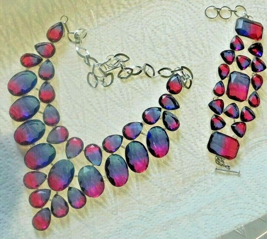 Necklace & Bracelet Facet Stones Or Glass Pink Blue Tn V Bib Style Silver Tn Mtl