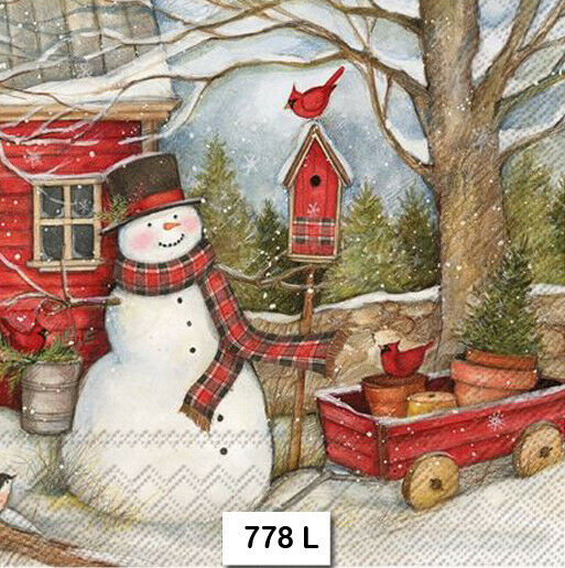 (778) Two Individual Paper Luncheon Decoupage Napkins - Christmas Snowman Barn