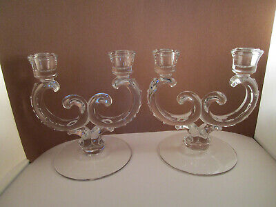 Vintage Fostoria Century Pair Of Clear Glass Double Light Candle Holders