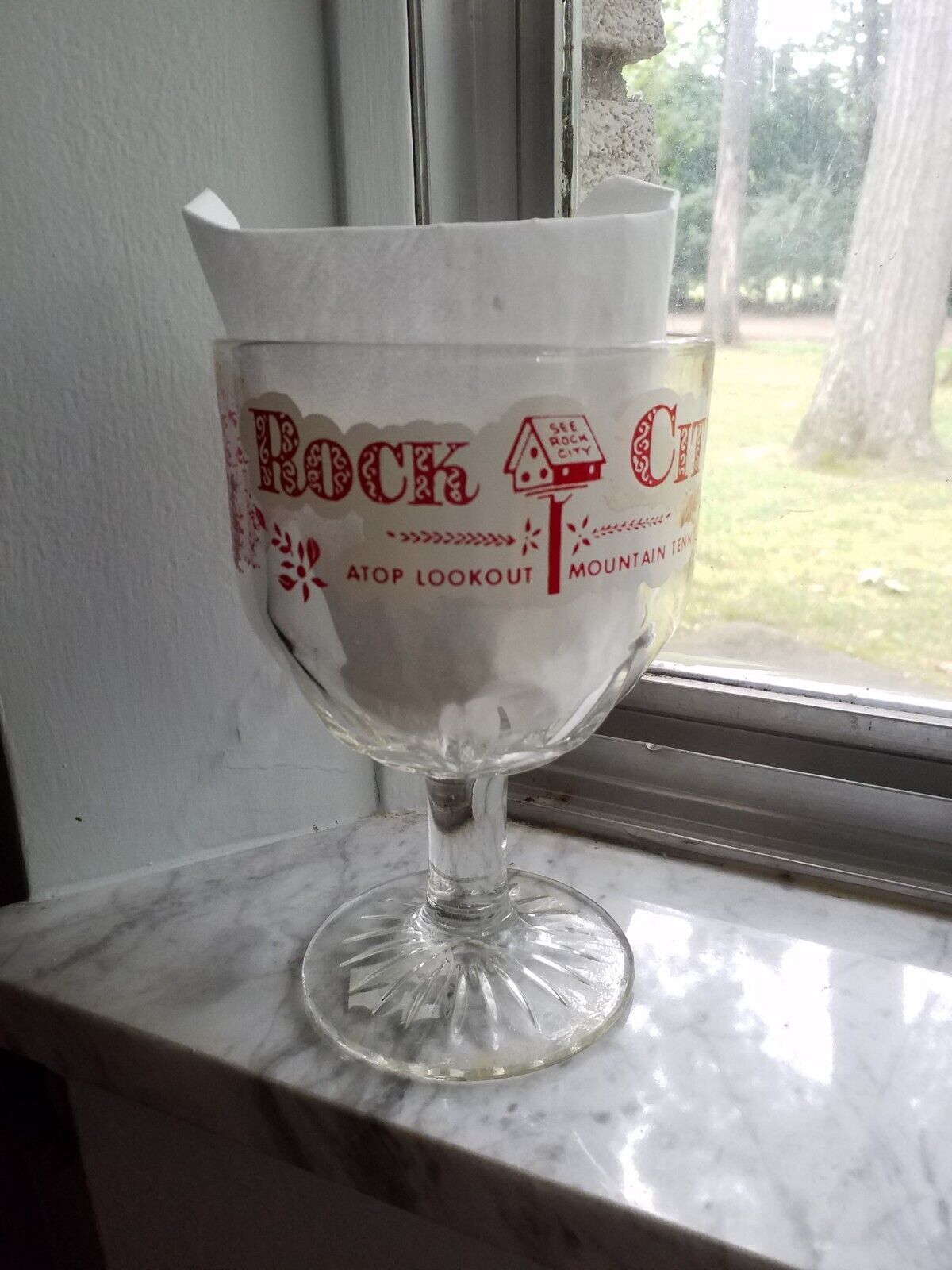 Vintage "rock City" Glass Goblet Euc Lookout Mountain Tn Loversleap Swingbridge