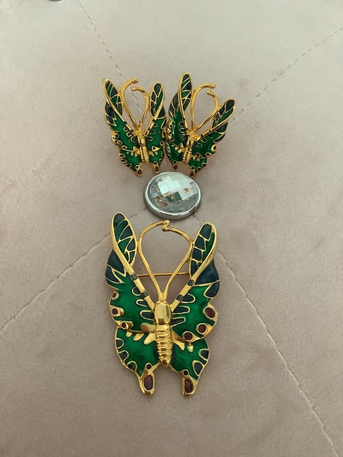 Butterfly Earrings And Brooch Green And Gold