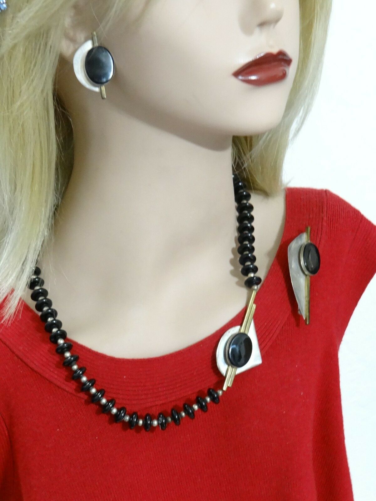 Vtg Modernist Ajv Sterling Silver Discs Bead Triangle Onyx Necklace Earrings Set