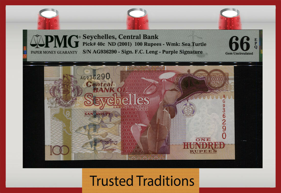 Tt Pk 40c Nd (2001) Seychelles Central Bank 100 Rupees Pmg 66 Epq Gem Unc!