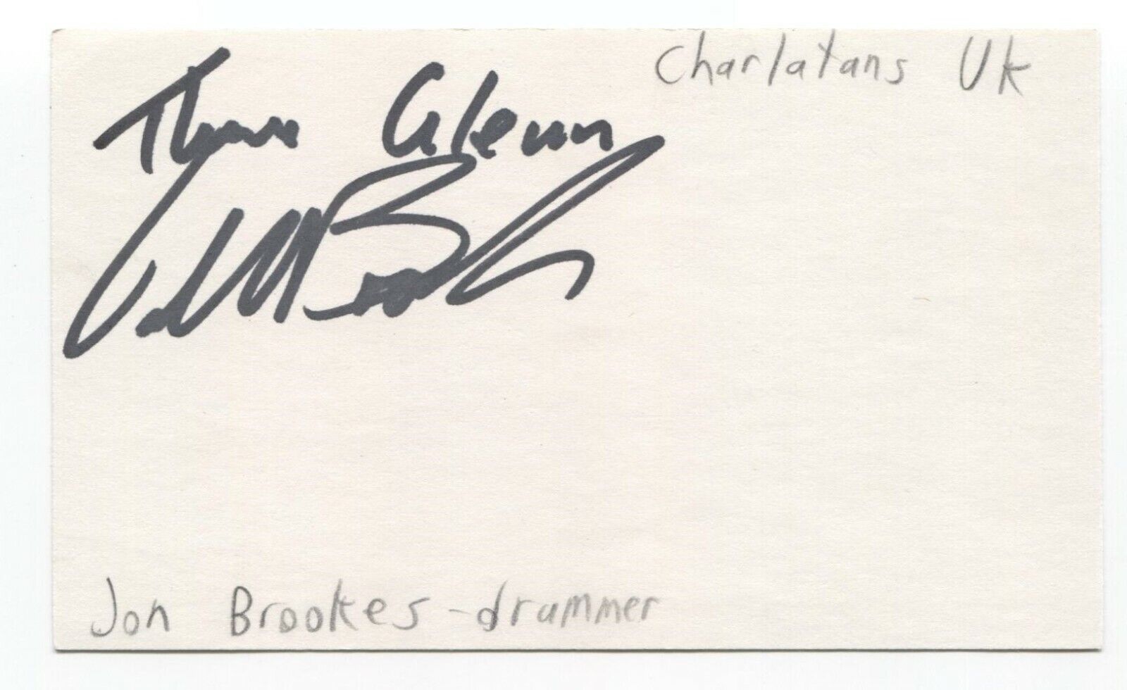 Charlatans Jon Brookes Signed 3x5 Index Card Autographed Signature Drummer