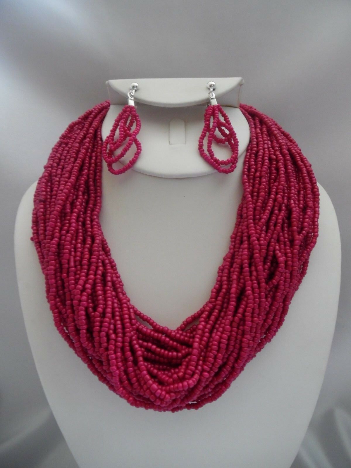 Pierced Multi Layered Pink Seed Bead Necklace Earrings Set