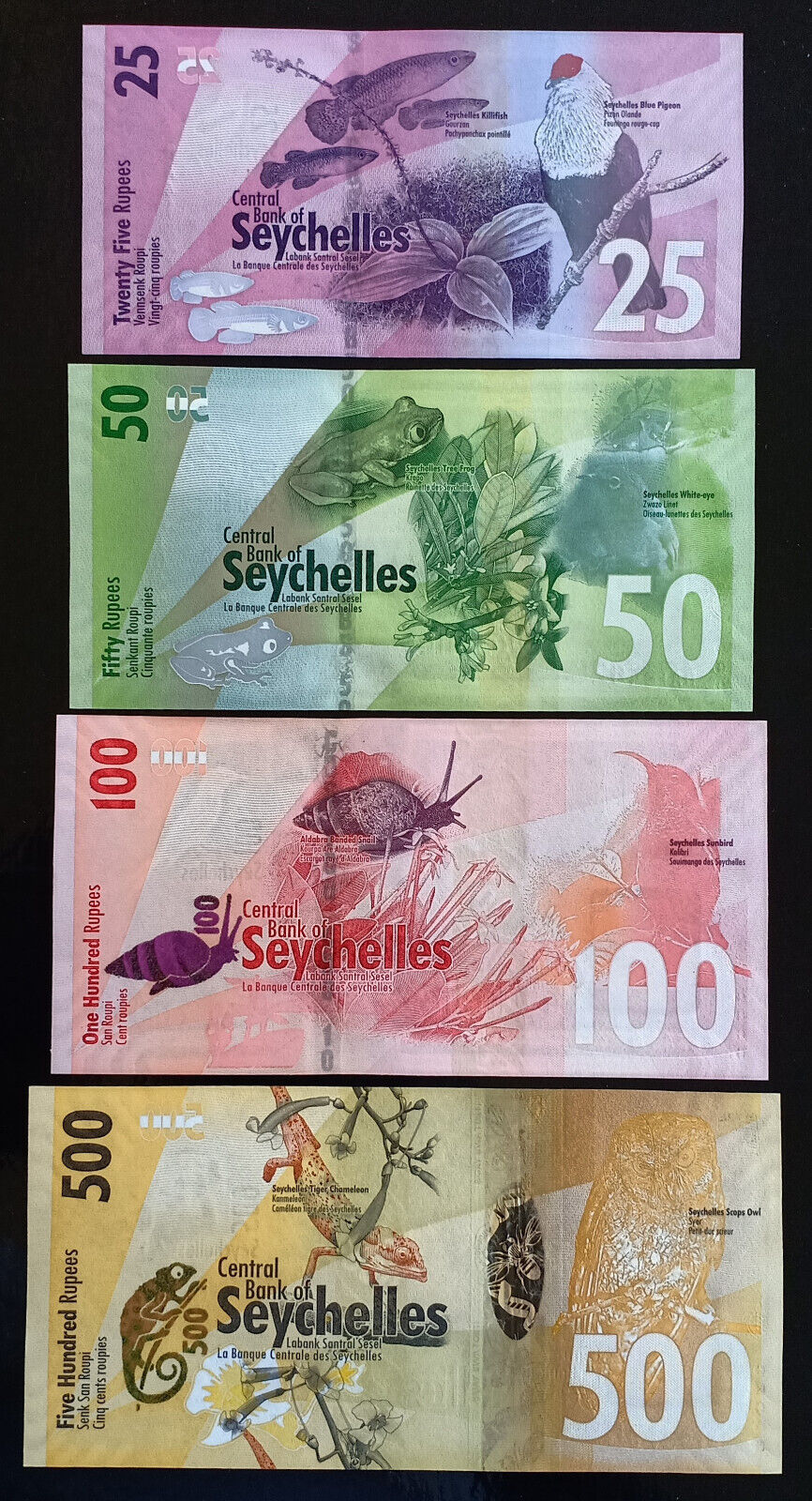 By50- Seychells 2016 Set Unc 25-50-100-500 Rupees P-48-49-50-51 Birds Issue