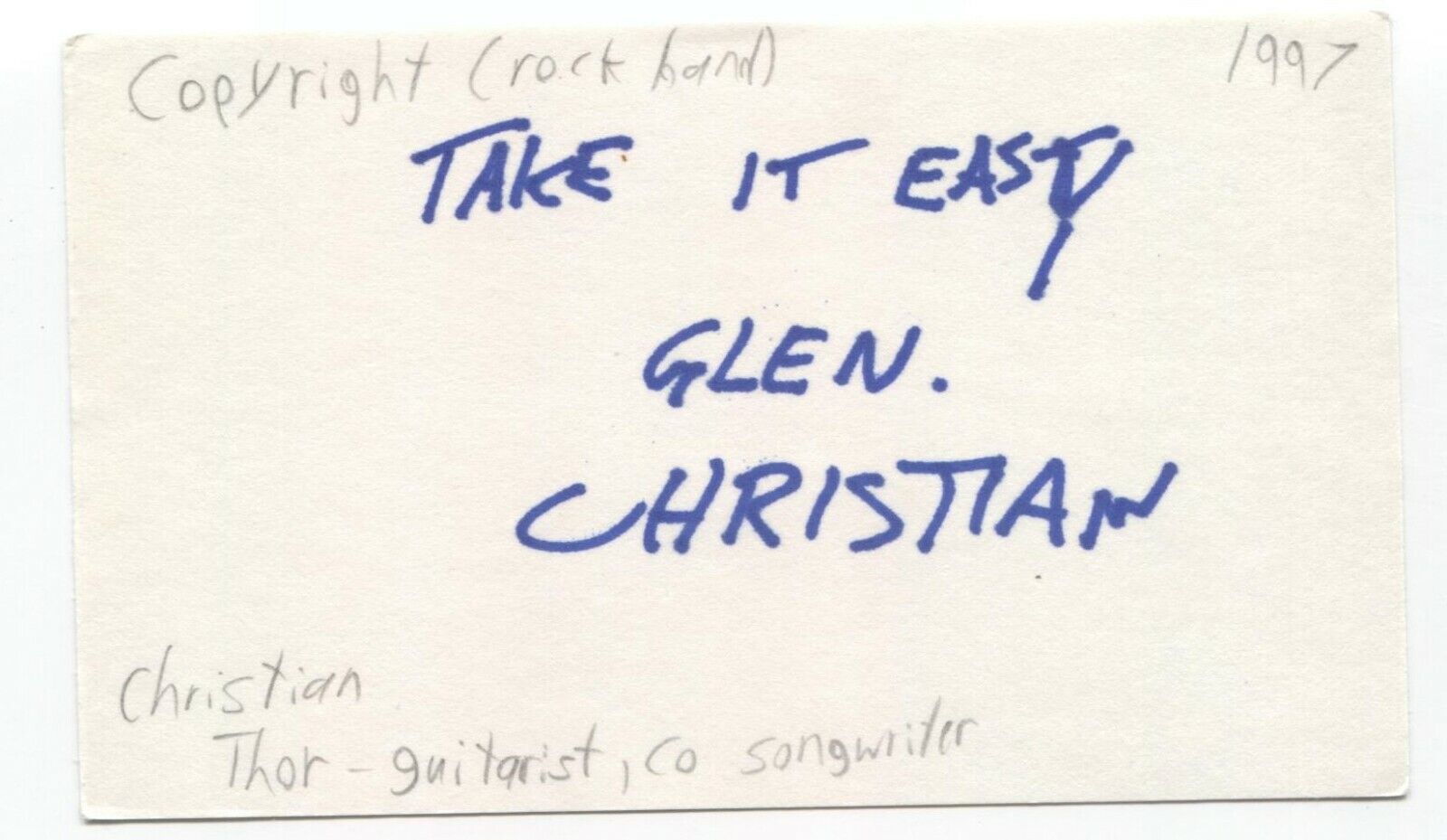 Copyright - Christian Thorvaldson Signed 3x5 Index Card Autographed Signature