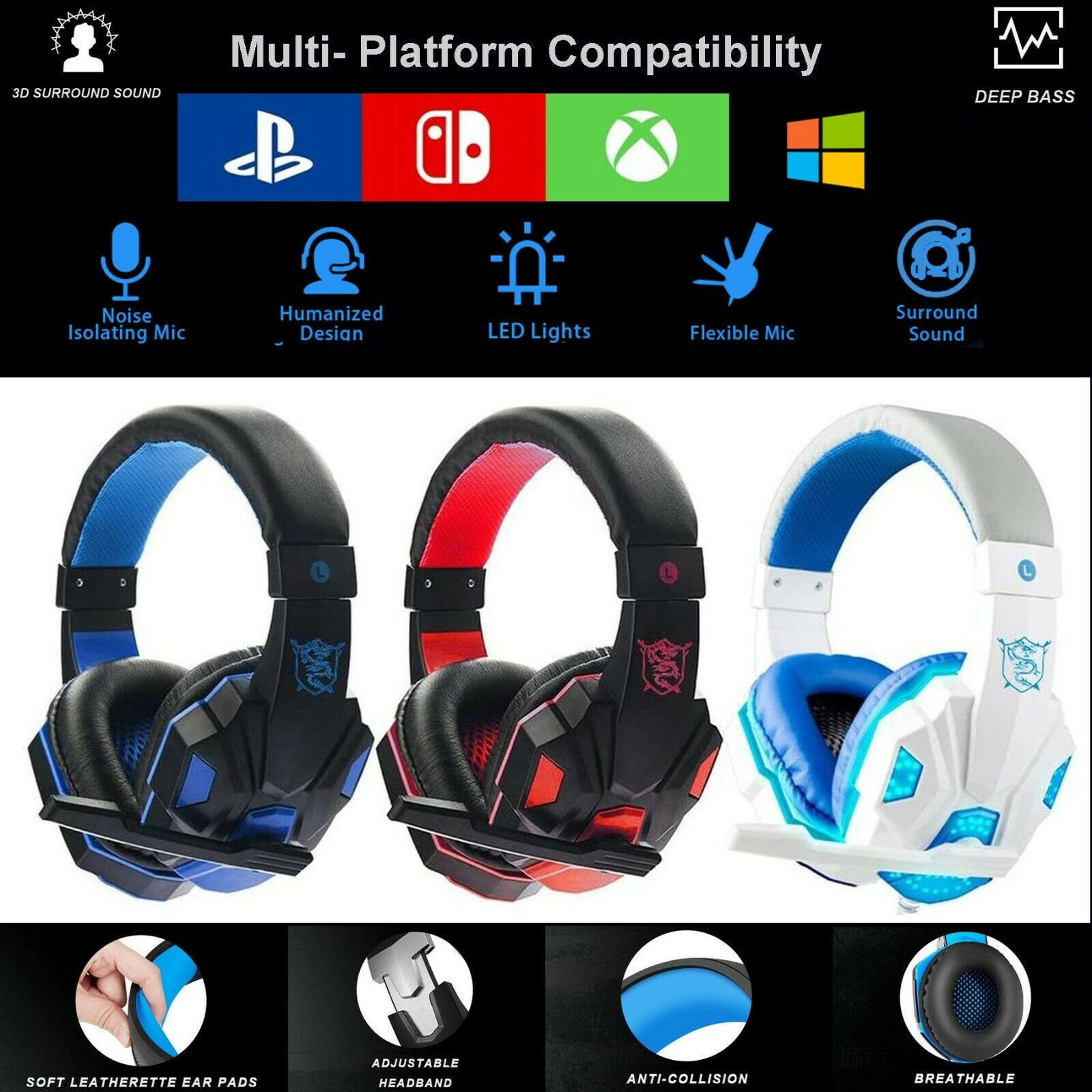 3.5mm Gaming Headset Mic Led Headphones Stereo Bass Surround For Pc Xbox One Ps4
