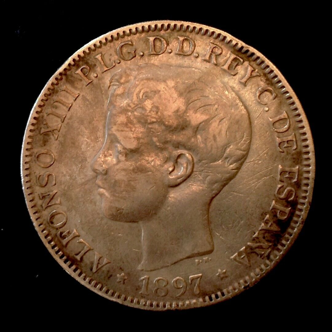 ~1897 Alfonso Xiii Spanish Philippines One Peso Alfonso Xiii Km 154