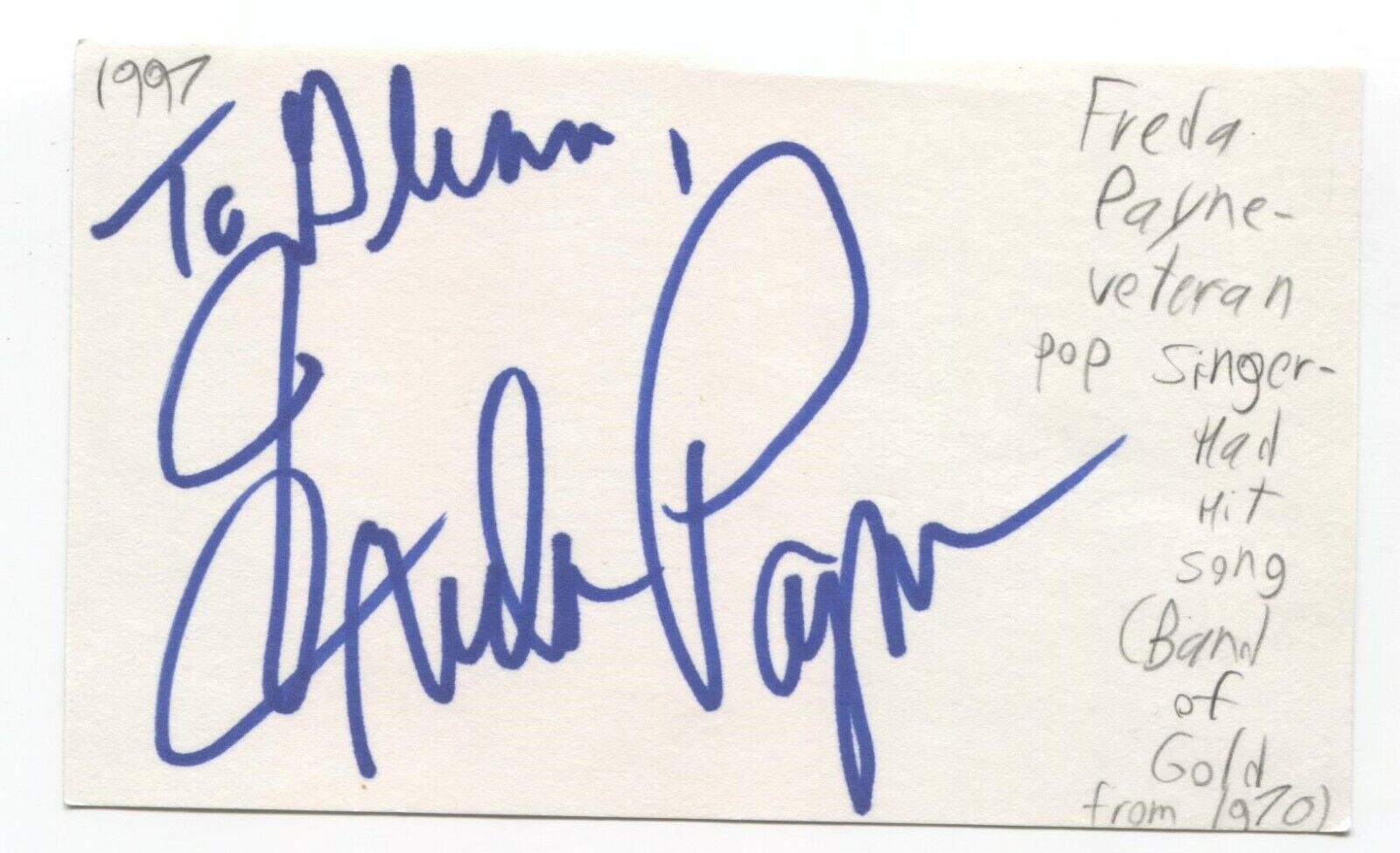 Freda Payne Signed 3x5 Index Card Autographed Signature Singer