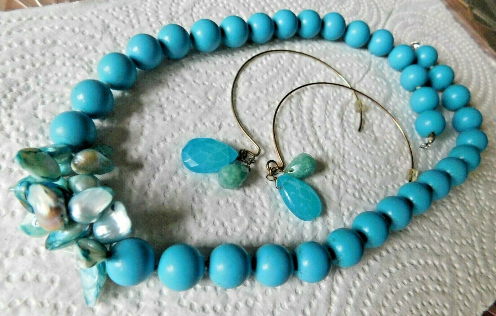 Blue Stone ? Heavier Necklace W/front Shells & Pair Hoop Earrings W/blue Beads