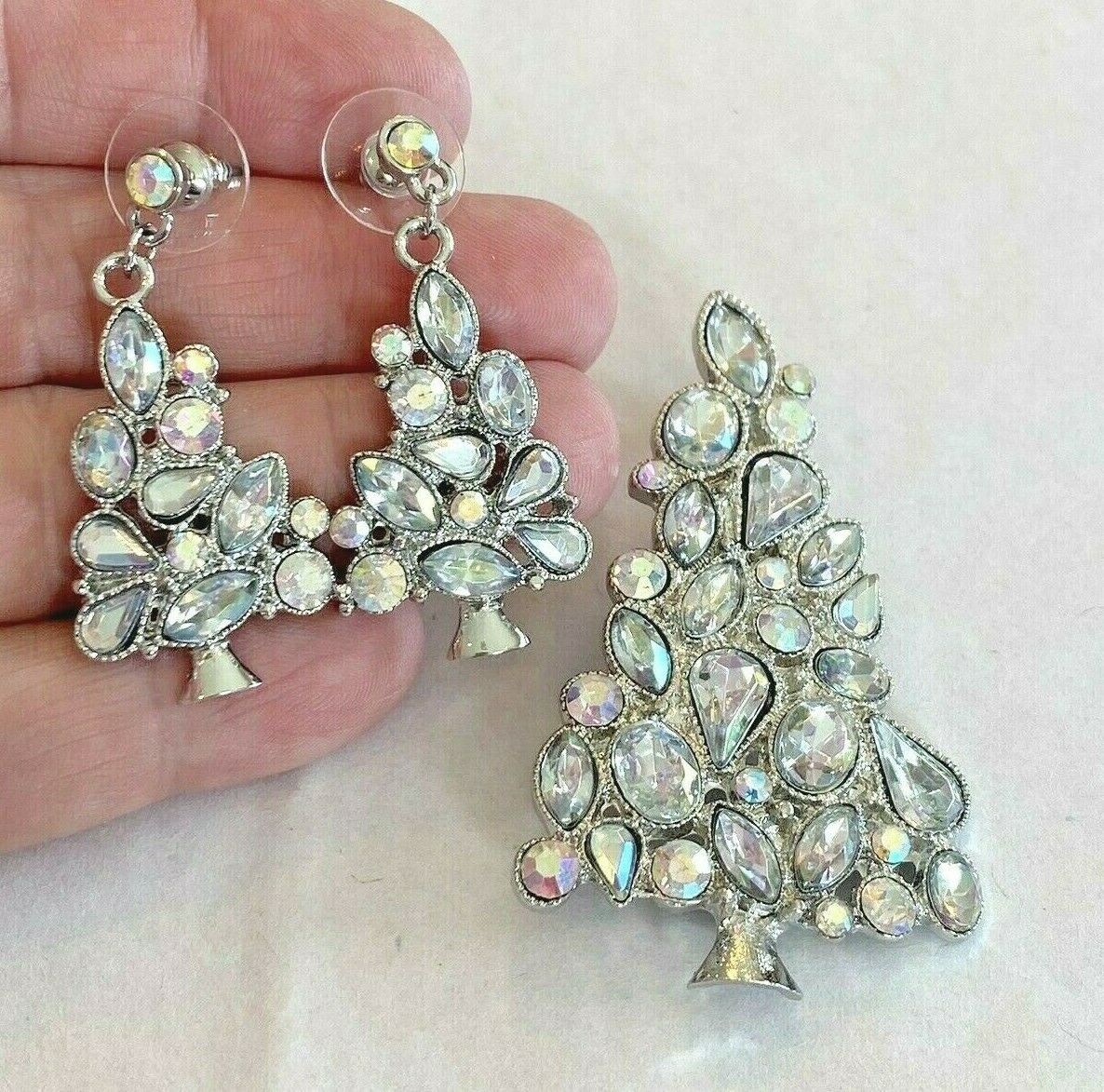Silver Christmas Tree Brooch & Pierced Earrings Clear Crystal Rhinestones Set