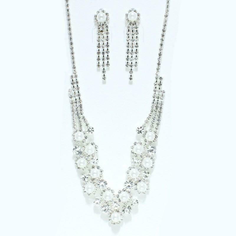 Silver Necklace Set White Pearls Clear Stones Clip On Earrings ( 0372 )