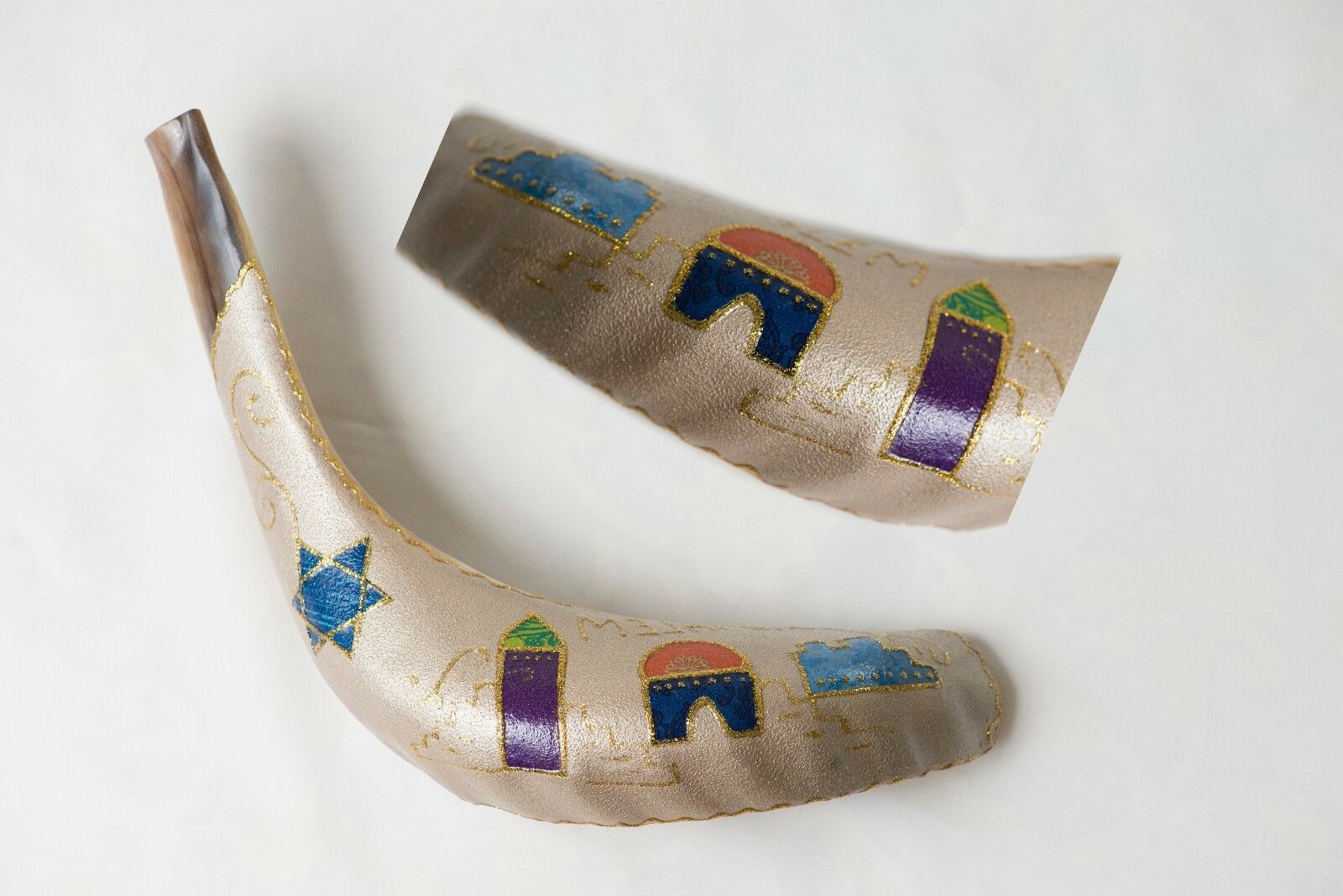 15"-17" Painted Ram's Horn Shofar With Multi-color Jerusalem And A Star Of David
