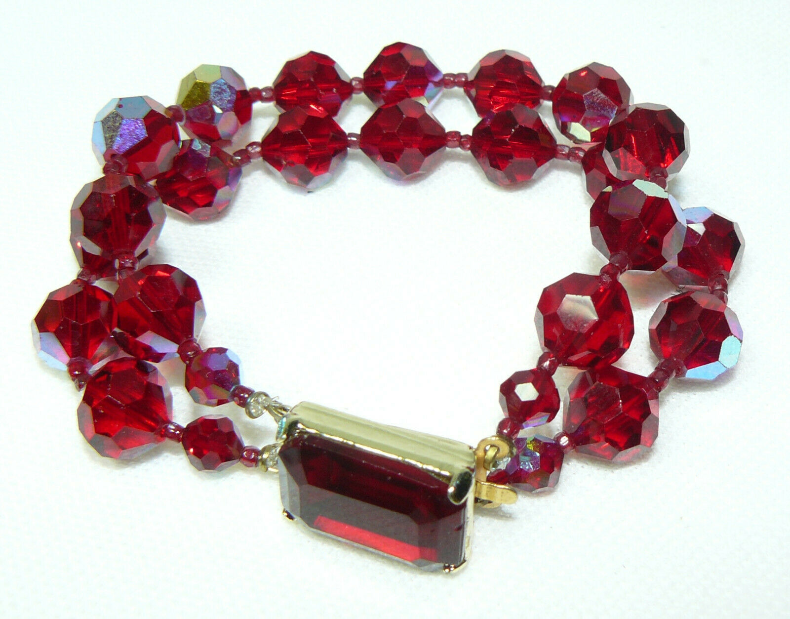 Vintage Double Strand Red Iridescent Faceted Glass Bead Bracelet And Necklace