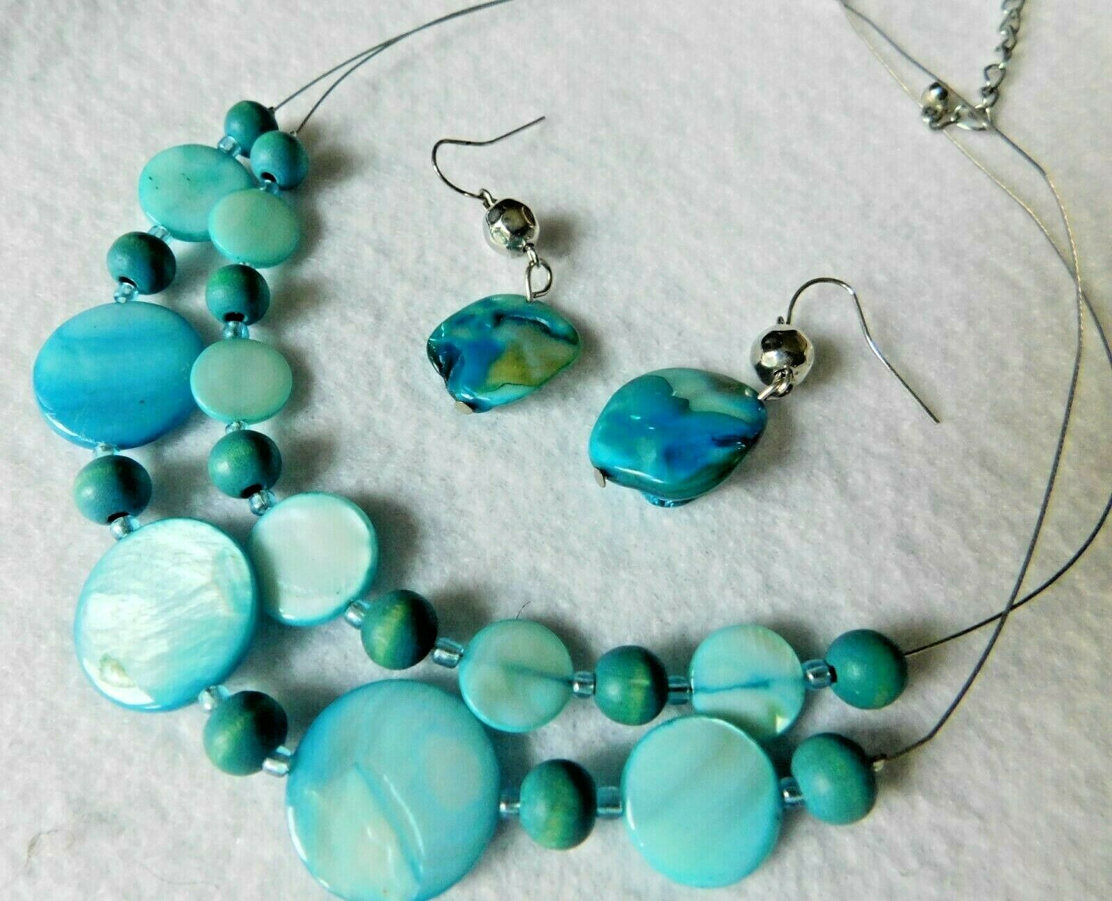 2 Strand Necklace & Pair Earrings Multi Strand Blue Shell / Beads / Stones ??