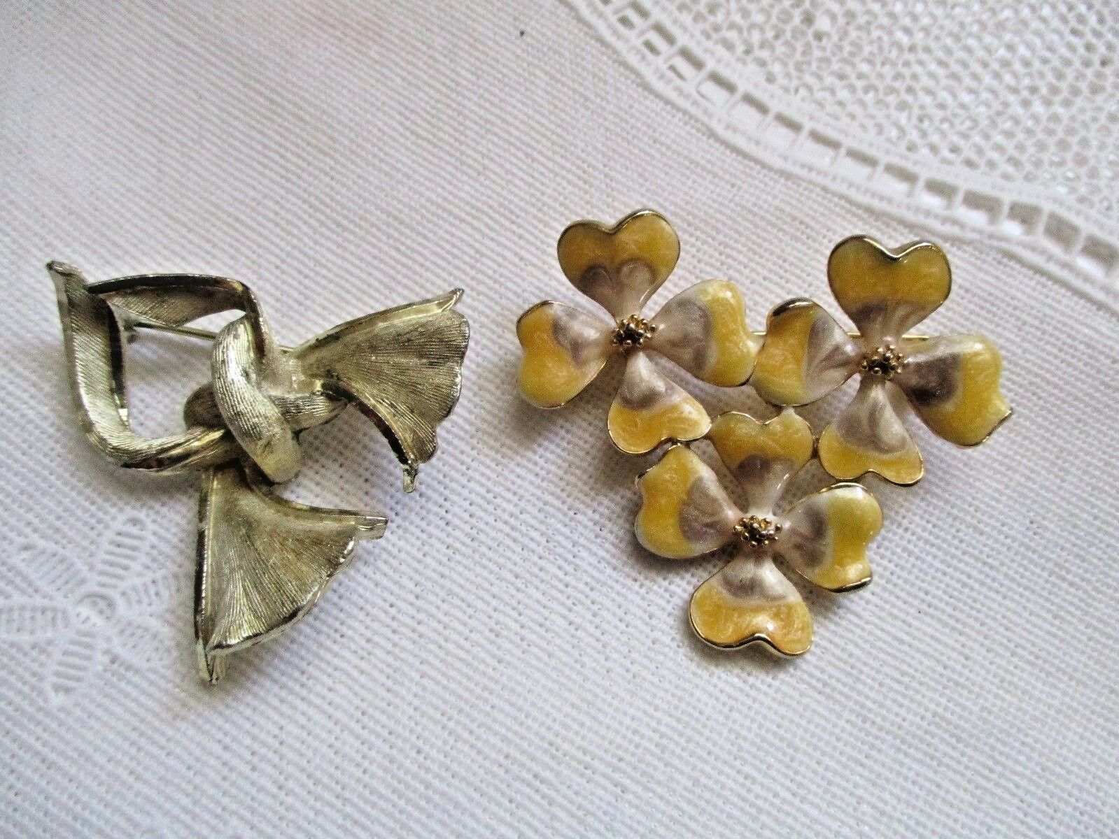Lot Of 2 Vintage Pins/brooches-brushed Goldtone & Floral-one Signed