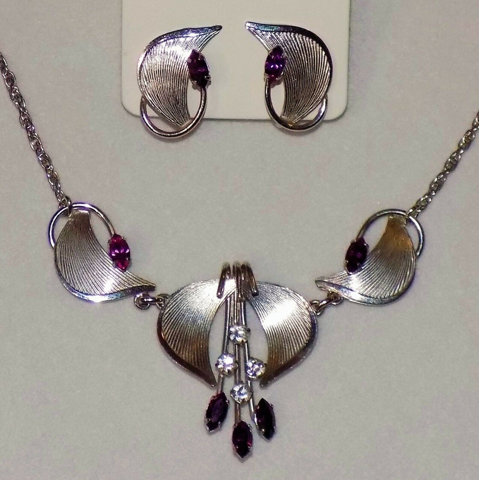 1940's Carl Art Sterling Silver Gemstone Screw-back Earring Necklace Jewelry Set