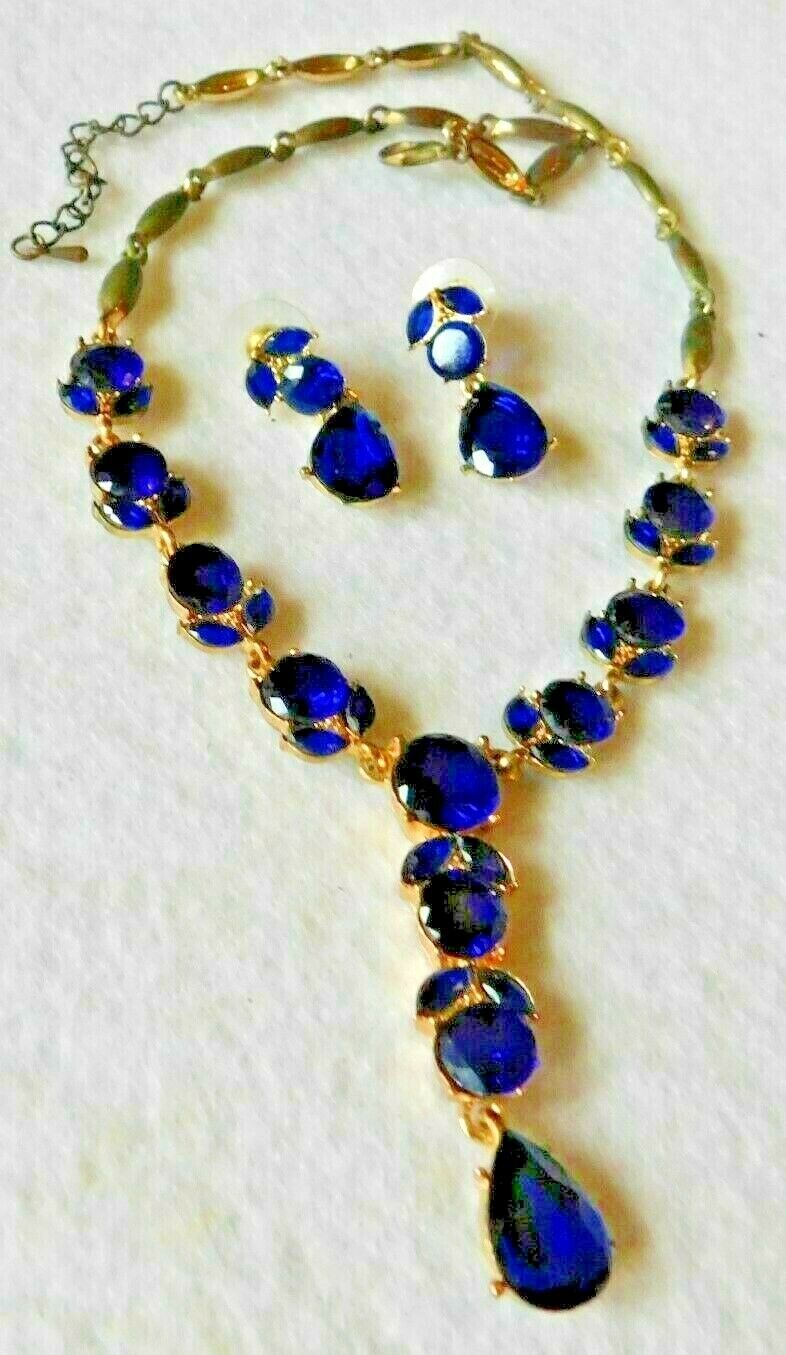 Bib Dangle Front Necklace & Pair Earrings Dark Blue Stones Or Crystals Gold Tone
