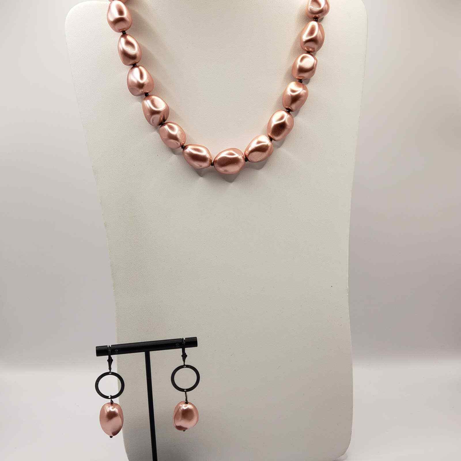 Pink Satin Glazed Glass Bead Necklace Dangle Drop Earring Set Gunmetal Gray