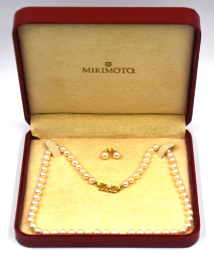 Vintage Mikimoto Pearl Necklace Earring Studs Suite 18k Gold Box 6.5mm 19.5"