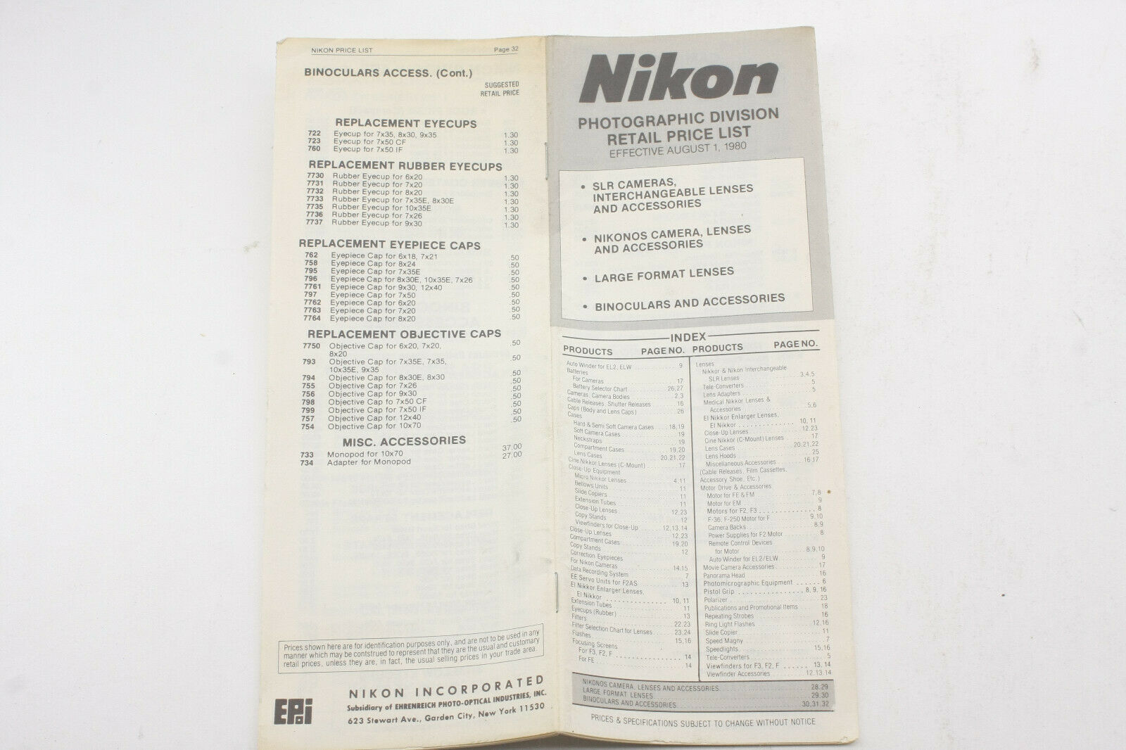 Nikon Photo Retail Price List Aug 1980 Slr Nikonos Guide - English Used B84e