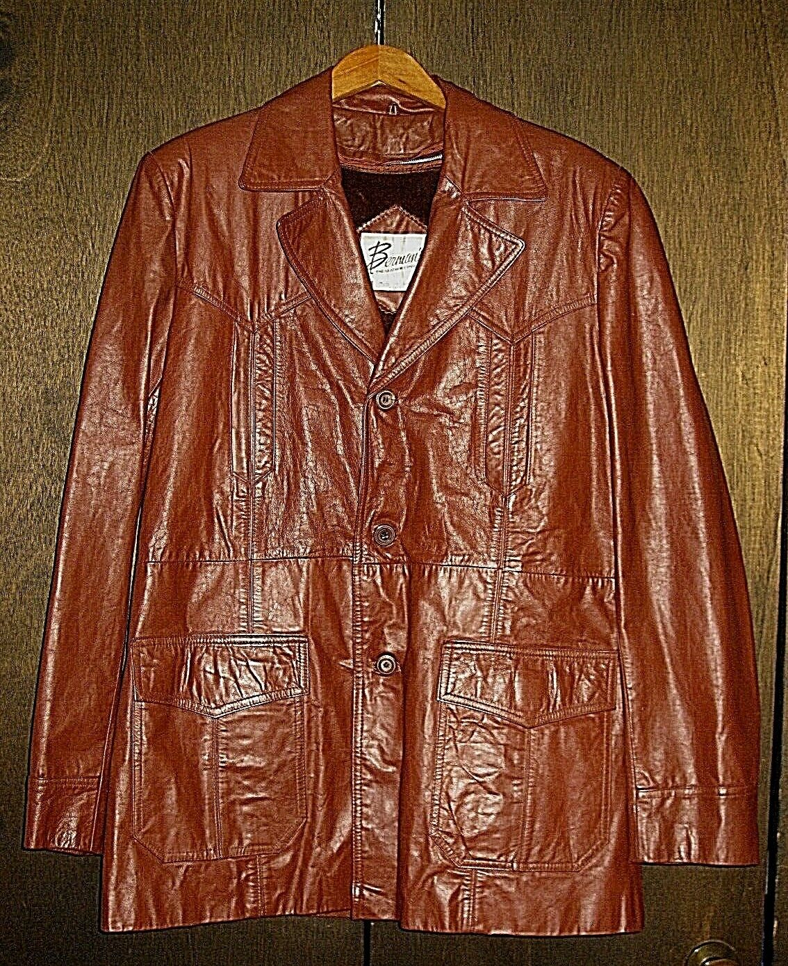 Vintage 60s 70s Berman's Brown Leather Zipper Fur Lining Jacket Coat Mens 48 48l