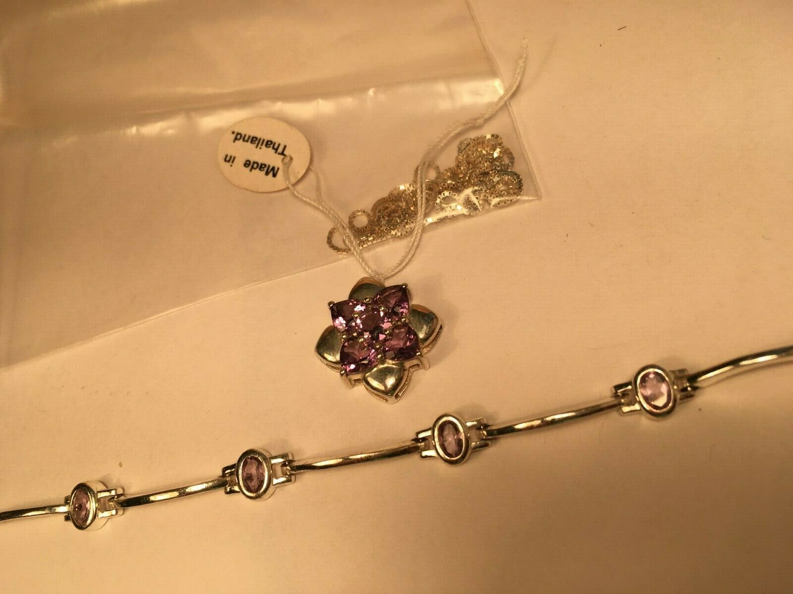 New Sterling Silver Amethyst  7.5" Fas Signed Bracelet Necklace Set Lot