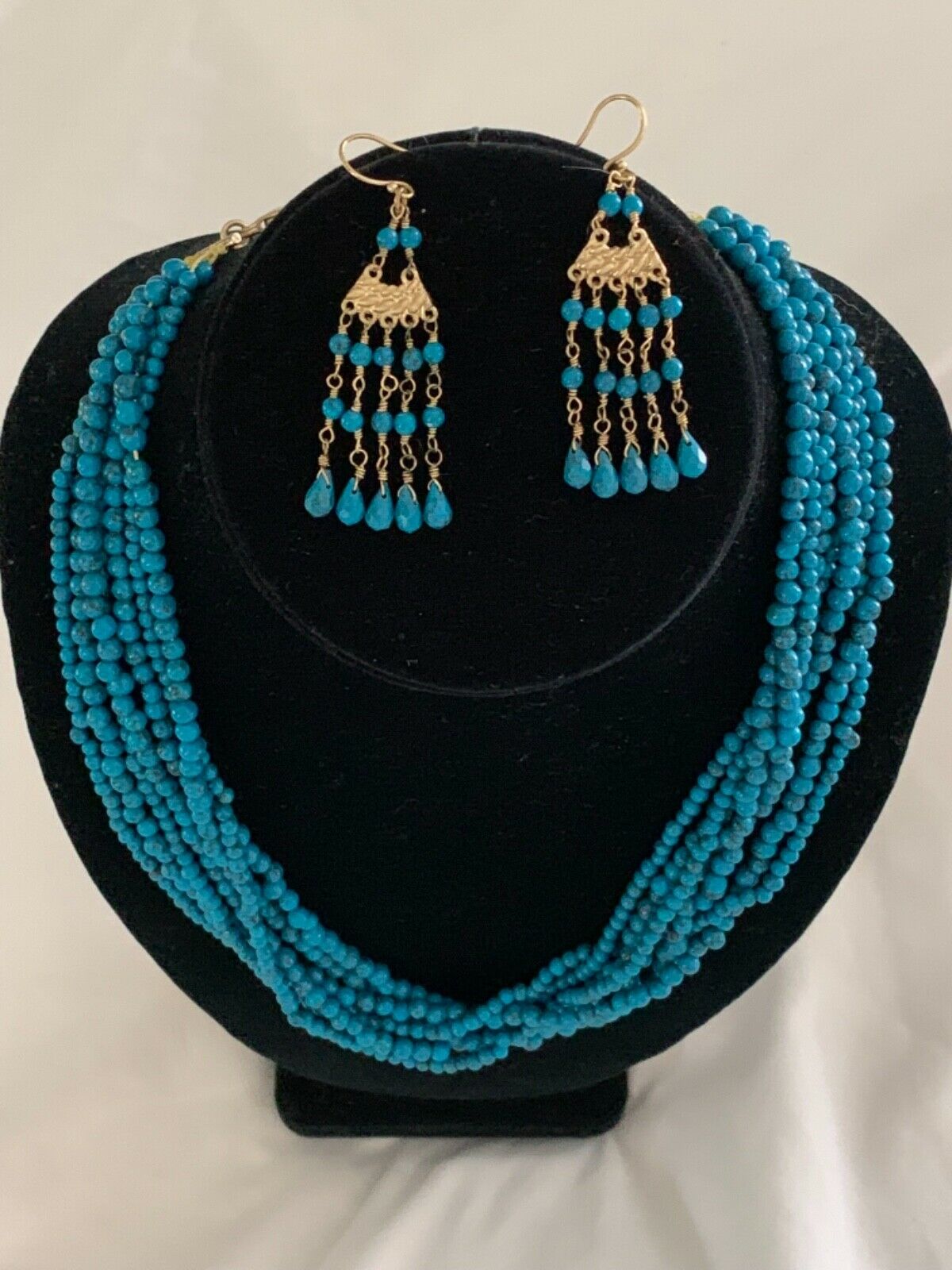 Earrings Necklace Blue Stone Beads From India W/ Ornate Brass Chandelier Earrin