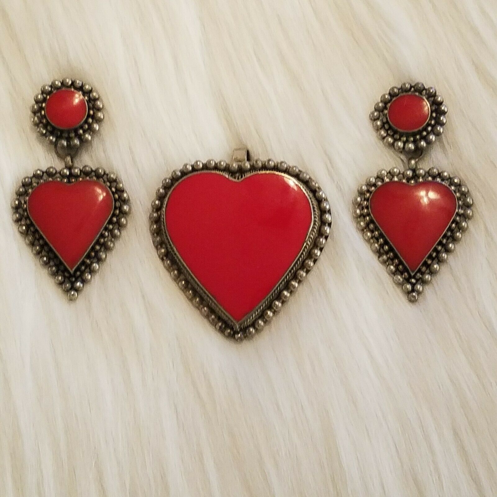Vintage Lotus Heart Pendant Earrings Set Red Enamel Silver Tone Large Clip 5020