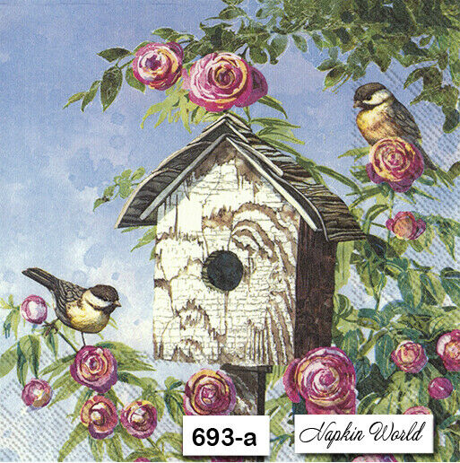 (693-a) Two Individual Paper Luncheon Decoupage Napkins - Birdhouse Birds Spring