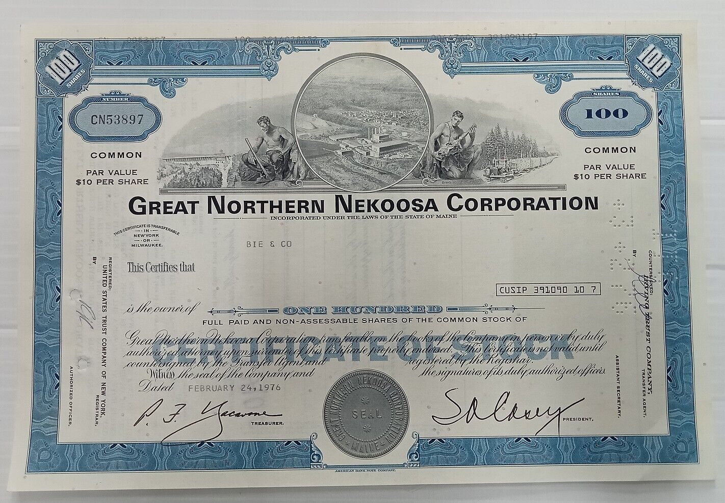 United States Great Northern Nekooska Corporation Share Certificate 100 Shares