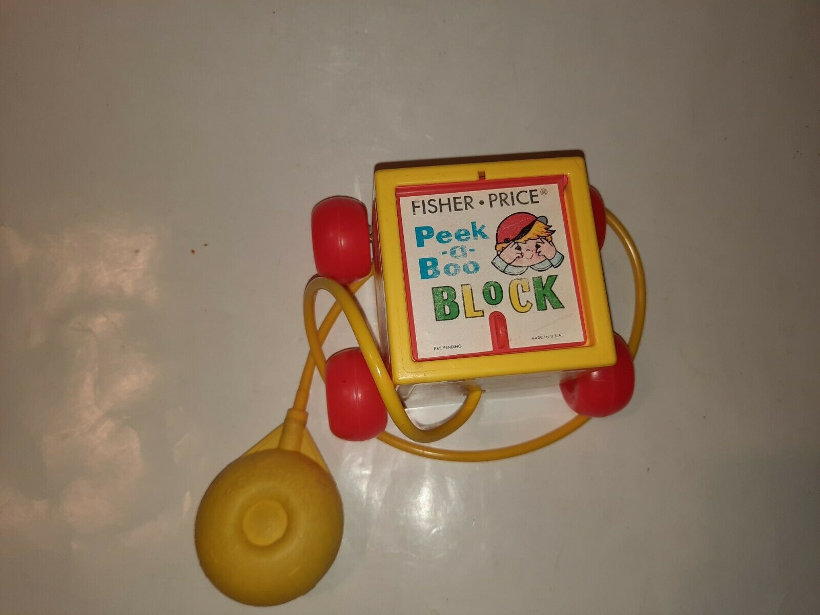 Vintage Fisher Price Peek A Boo Block Toy On Wheels With Squeekie