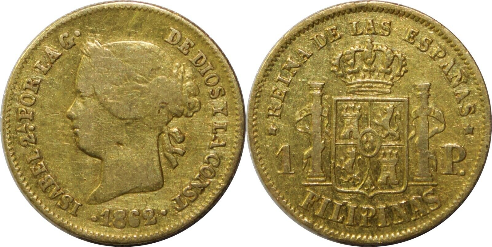 1862 Spain/philippines 1 Peso ~ F Details  ~ Km#142 ~ 87.5% Gold ~ X26