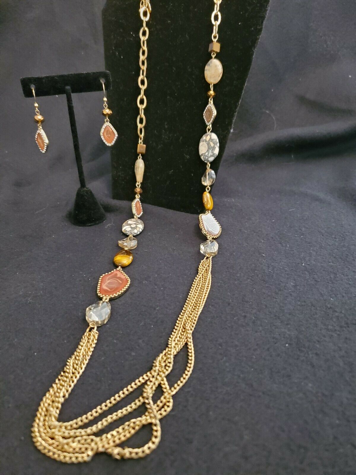 Gold Chain With Stones And Topaz Look Beads With Matching Pierced Drop Earrings
