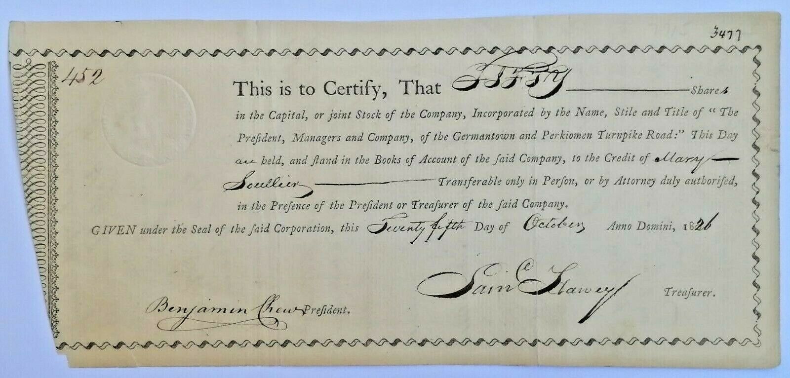Usa Share Germantown Perkioman Turnpike Road 1826 Document Certificate, 50 Share