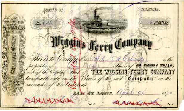 1875 Wiggins Ferry Stock Certificate