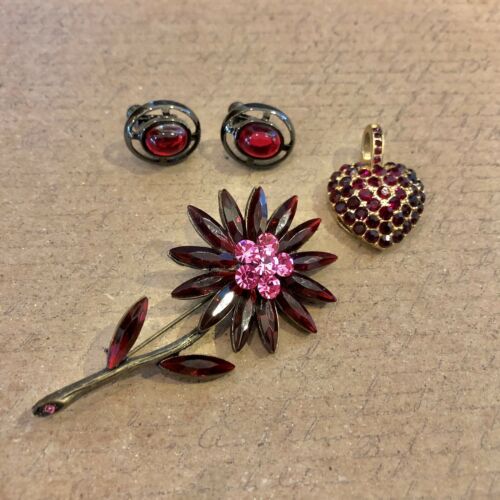 Vintage Deep Red Rhinestones, Lot Of 3, Brooch, Heart Pendant, Clip Earrings