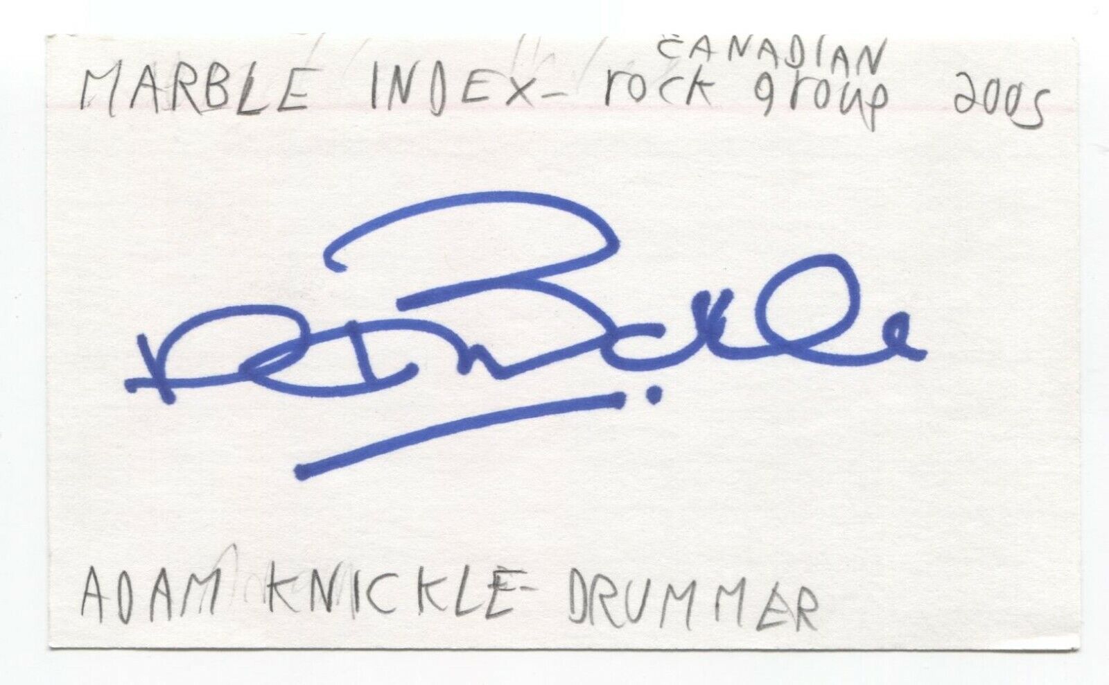 The Marble Index - Adam Knickle Signed 3x5 Index Card Autographed Signature Band