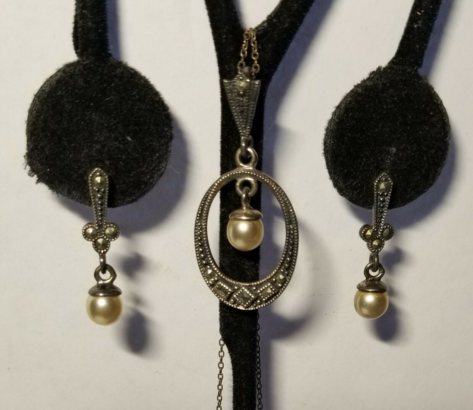 Sterling, Pearl & Marcasite Necklace And Earrings.