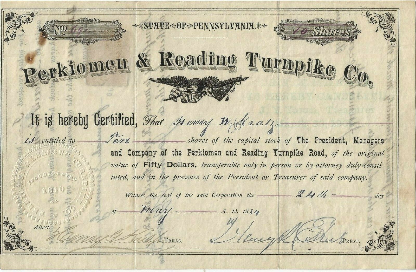1810 Perkiomen & Reading Turnpike Co. *  10 Shares * 25 Cent Stamp * 1884-1900